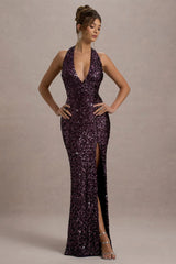 Superstition | Plum Sequin Plunge-Neck Split Maxi Dress