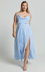 Celestine Midi Dress - Lace Up Back Cowl Neck Dress in Pale Blue