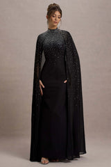 The Shallows | Black Embellished High-Neck Maxi Dress With Chiffon Cape