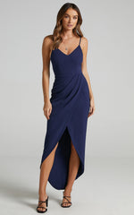 Lucky Day Midi Dress - V Neck Drape Dress in Navy