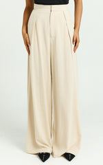 Hermione Linen Pants - High Waist Wide Leg Pleated Palazzo Pants in Natural