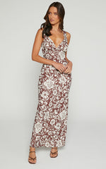 Mauriel Midi Dress - Deep V Gathered Bust Slip Dress in Brown Floral