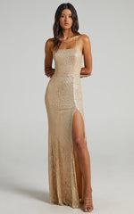 Magic Hour Maxi Dress - Thigh Split Tie Back Dress in Gold Sequin