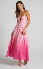 Gianna Midi Dress - Square Neck Cut Out Bust Fit and Flare Dress in Pink Ombre