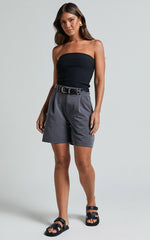 Lorcan Shorts - Long Line Tailored Shorts in Charcoal