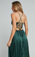 I Want The World To Know Maxi Dress - Thigh Split Tie Back Dress in Emerald