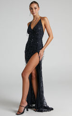 Maieth Maxi Dress - Drape Sequin Halter Cross Back Dress in Black