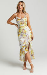 Sutton Midi Dress - Cowl Neckline Strappy Frill Hem in Dahlia Watercolour