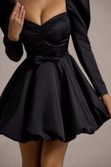 Murphy | Black Satin Belted Mini Dress With Puff Sleeves