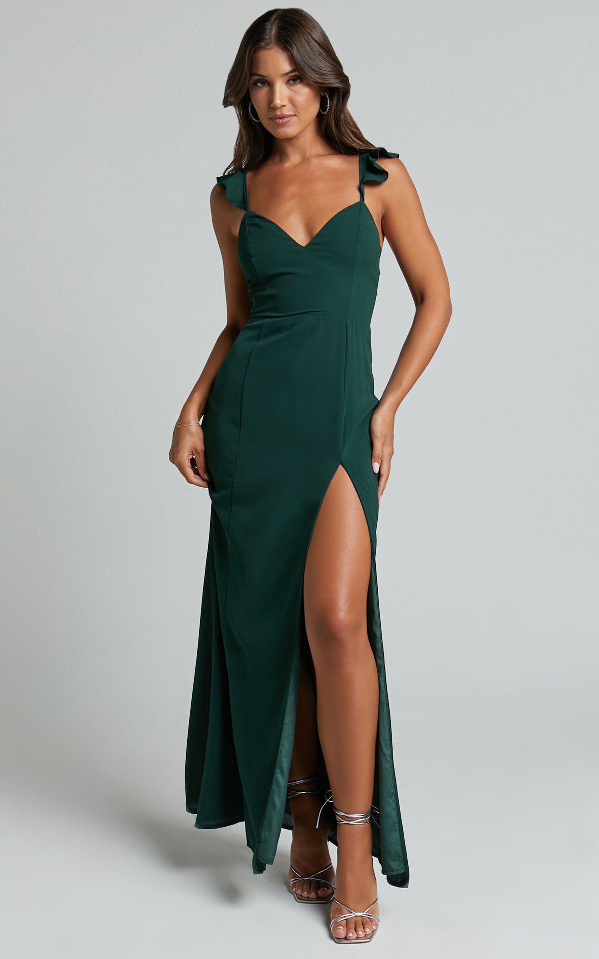 More Than This Maxi Dress - Ruffle Strap Thigh Split Dress in Emerald