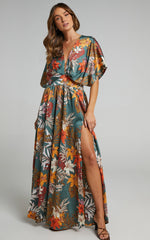 Vacay Ready Maxi Dress - Plunge Thigh Split Dress in Teal Floral Satin