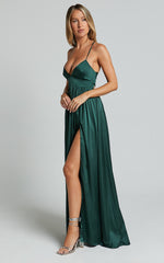 I Want The World To Know Maxi Dress - Thigh Split Tie Back Dress in Emerald
