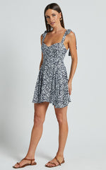 Lorreta Mini Dress - Tie Shoulder Sweetheart Dress in Navy Floral