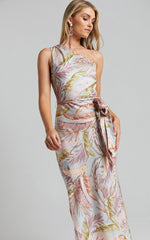 Adea Midi Dress - Asymmetric One Shoulder Slip Dress in Blue Lagoon Leaf Print