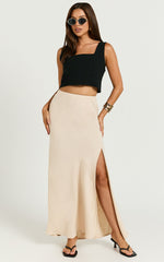 Olivia Midi Skirt - Mid Waisted Linen Bias Cut Split Skirt in Natural