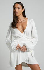 Lexina Mini Dress - Long Sleeve Wrap Centre Tie Dress in Off White