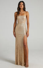 Magic Hour Maxi Dress - Thigh Split Tie Back Dress in Gold Sequin