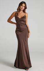 Lunaria Maxi Dress - Cowl Mermaid Slip Dress in Chocolate Satin
