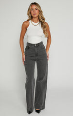 Emman Jeans - High Waisted Cotton Wide Leg Denim Jeans in Washed Black