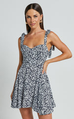 Lorreta Mini Dress - Tie Shoulder Sweetheart Dress in Navy Floral