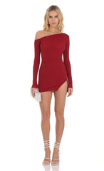 Shimmer One Off Shoulder Bodycon Dress in Red