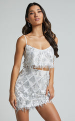 Khrizza Top - Sequin Diamond Mesh Cropped Cami Top in White/Silver
