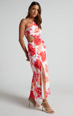 Leanora Maxi Dress - Side Cut Out One Shoulder Satin Dress in White Floral