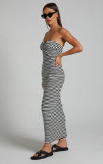 Aravis Midi Dress - Twist Detail Strapless Dress in Black and White Stripe