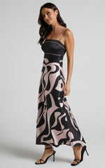Angela Midi Dress - Thin Strap A Line Dress in Black & Cream Swirl