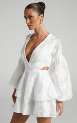 Allea Mini Dress - V Neck Balloon Sleeve Tiered Jacquard Dress in White