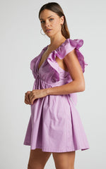 Raiza Mini Dress - Ruffle Sleeve Tie Back Plunge Dress in Lilac