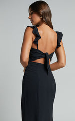 More Than This Maxi Dress - Ruffle Strap Thigh Split Dress in Black