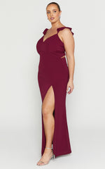 More Than This Maxi Dress - Ruffle Strap Thigh Split Dress in Wine