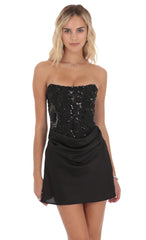 Sequin Draped Waist Dress in Black
