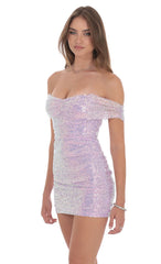 Iridescent Sequin Off Shoulder Dress in Lavender