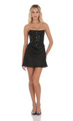 Sequin Draped Waist Dress in Black